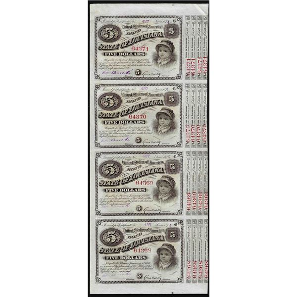 Uncut Sheet of (4) State of Louisiana Baby Bond Obsolete Notes