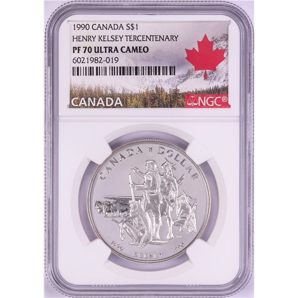1990 $1 Proof Canada Henry Kelsey Tercentenary Silver Dollar Coin NGC PF70 Ultra Cameo