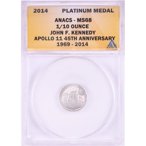 2014 Proof 1/10 oz Platinum JFK Apollo 11 Anniversary Medal ANACS MS68