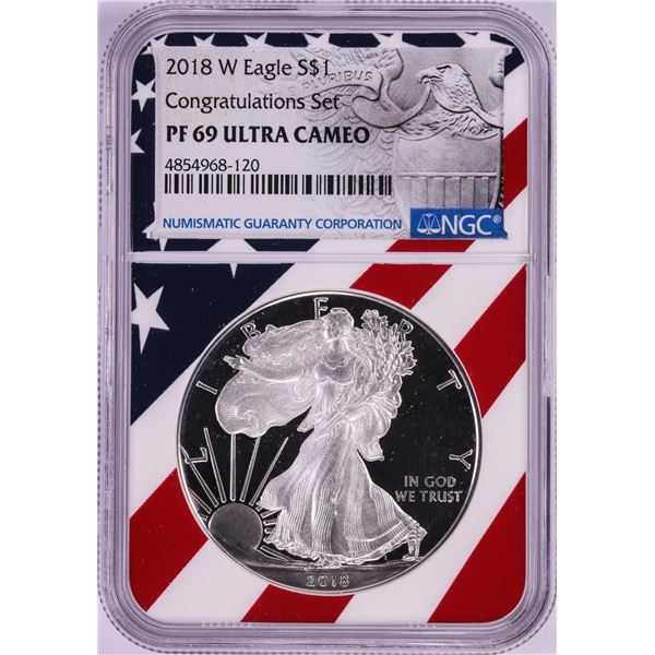 2018-W $1 Proof American Silver Eagle Coin NGC PF69 Ultra Cameo Congratulations Flag