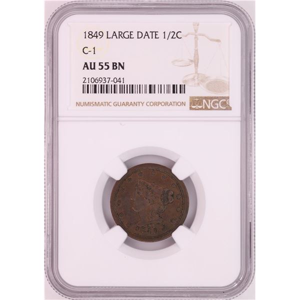 1849 Large Date C-1 Braided Hair Half Cent Coin NGC AU55BN