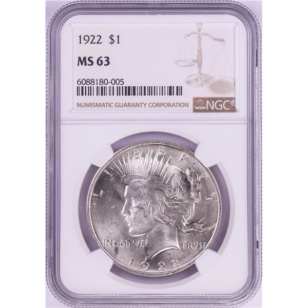 1922 $1 Peace Silver Dollar Coin NGC MS63