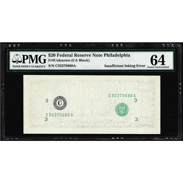 $20 Federal Reserve Note Insufficient Inking Error PMG Choice Uncirculated 64