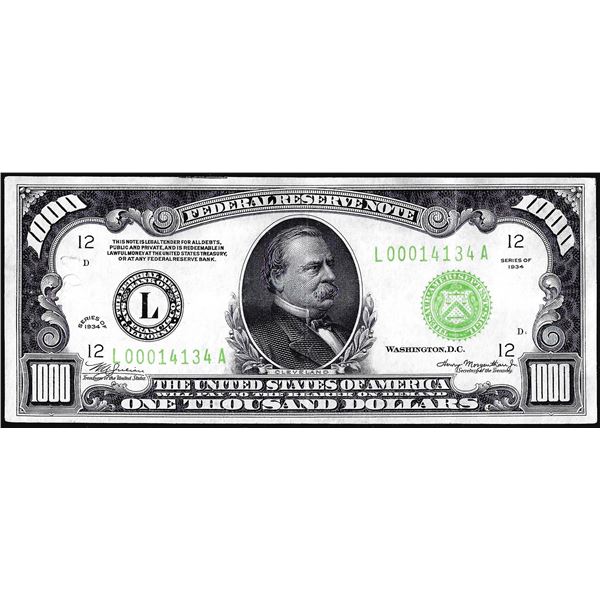 1934 $1,000 Federal Reserve Note San Francisco Light Green Seal