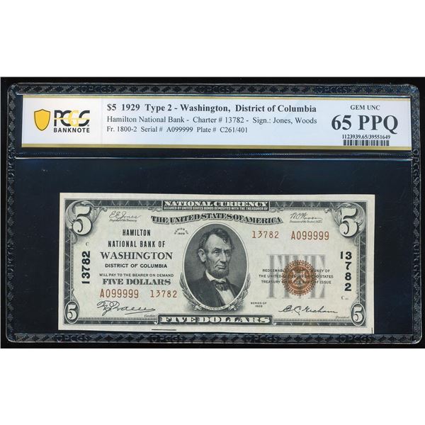 1929 Ty. 2 $5 Washington, D.C. CH# 13782 National Note PCGS Gem Unc 65PPQ Fancy Serial