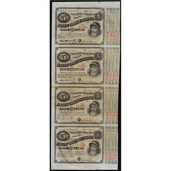 Uncut Sheet of (4) State of Louisiana Baby Bond Obsolete Notes