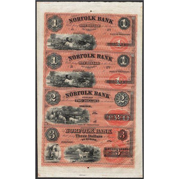 Uncut Sheet of 1800's $1/$1/$2/$3 Norfolk Bank, CT Obsolete Notes