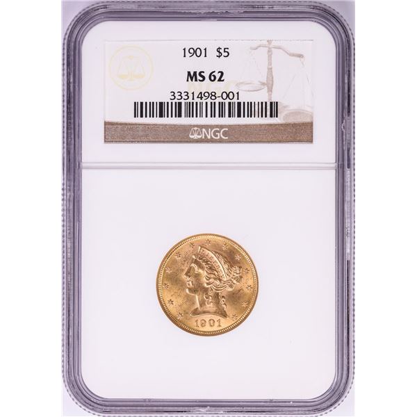 1901 $5 Liberty Head Half Eagle Gold Coin NGC MS62