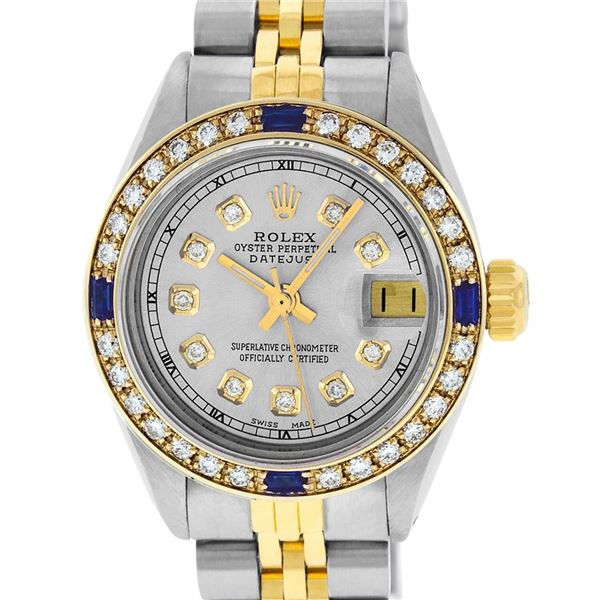 Rolex Ladies Two Tone Diamond & Sapphire 26MM Oyster Perpetual Datejust Watch
