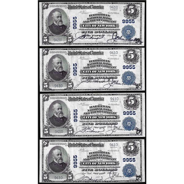 Cut Sheet of (4) 1902 $5 Harriman NB New York, NY CH# 9955 National Currency Notes