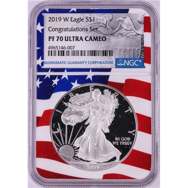 2019-W $1 Proof American Silver Eagle Coin NGC PF70 Ultra Cameo Congratulations Flag