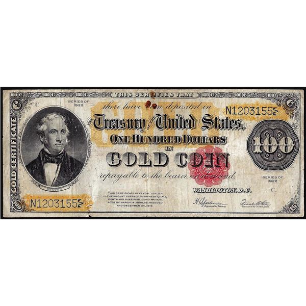 1922 $100 Gold Certificate Note
