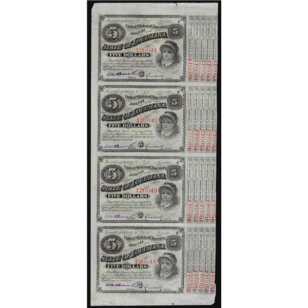 Uncut Sheet of (4) State of Louisiana Baby Bond Obsolete Notes