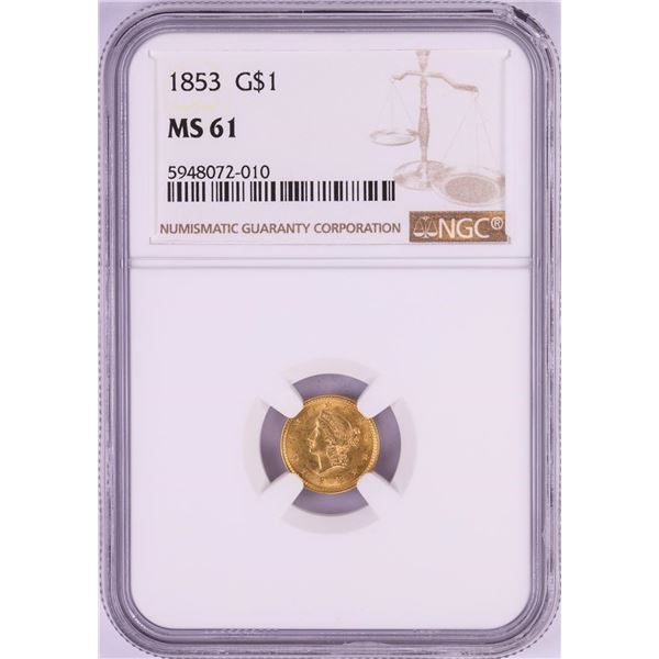 1853 $1 Liberty Head Gold Dollar Coin NGC MS61