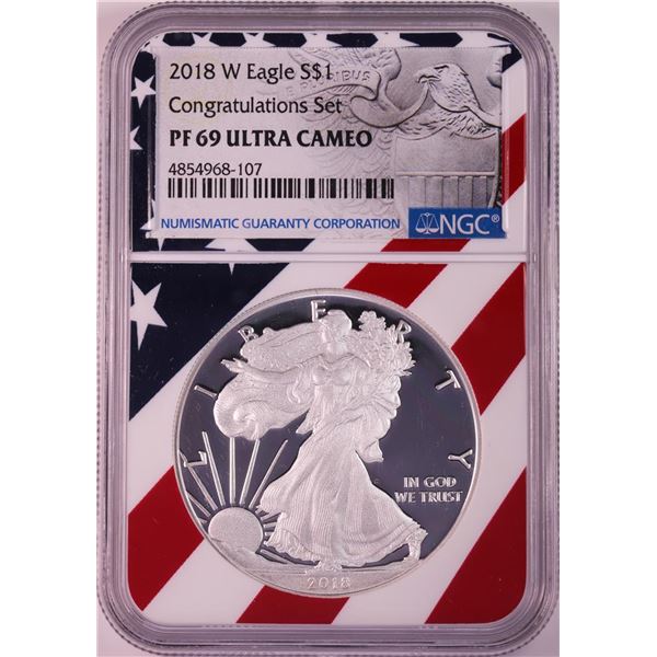 2018-W $1 Proof American Silver Eagle Coin NGC PF69 Ultra Cameo Congratulations Flag