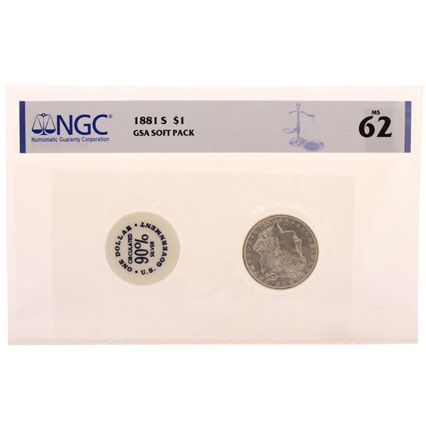 1881-S $1 Morgan Silver Dollar Coin with GSA Soft Pack NGC MS62