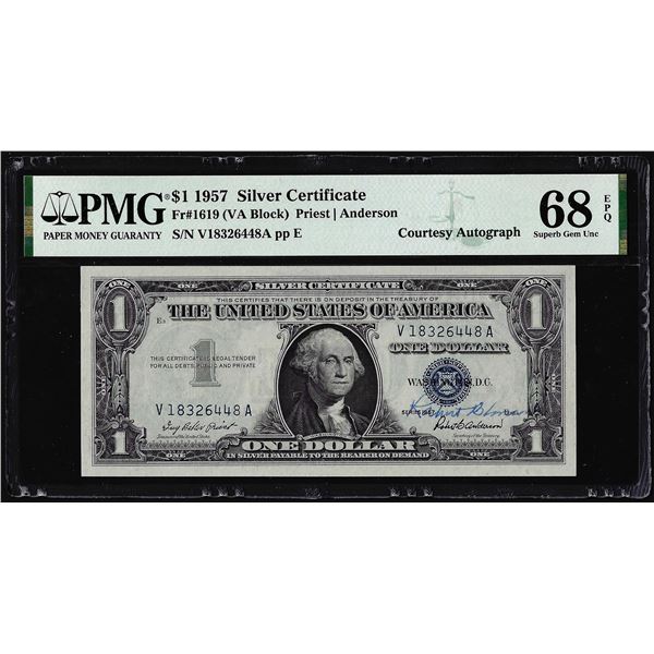 1957 $1 Funnyback Silver Certificate Note w/ Courtesy Auto PMG Superb Gem Unc 68EPQ