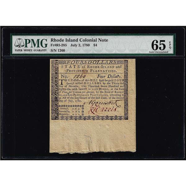 July 2, 1780 $4 Rhode Island Colonial Currency Note PMG Gem Uncirculated 65EPQ
