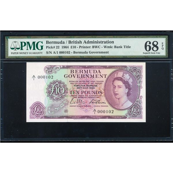 1964 Bermuda 10 Pounds Banknote Pick# 22 PMG Superb Gem Uncirculated 68EPQ