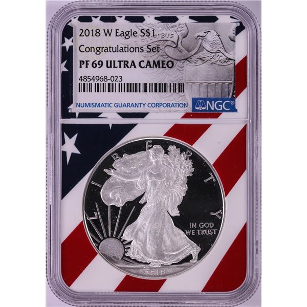 2018-W $1 Proof American Silver Eagle Coin NGC PF69 Ultra Cameo Congratulations Flag