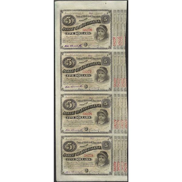 Uncut Sheet of (4) State of Louisiana Baby Bond Obsolete Notes