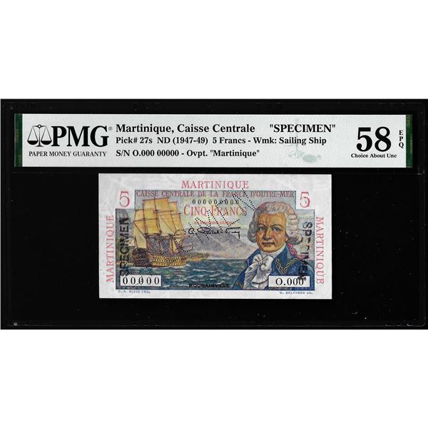 1947-1949 Martinique Caisse Centrale 5 Francs Note Pick# 27s PMG Choice About UNC 58EPQ