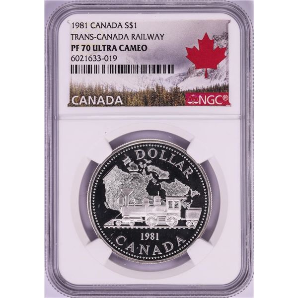 1981 $1 Proof Trans-Canada Railway Silver Dollar Coin NGC PF 70 Ultra Cameo