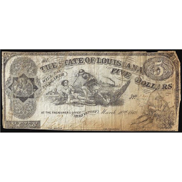 1863 $5 The State of Louisiana Baton Rouge, LA Obsolete Banknote