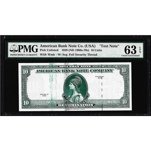 1929 10 Unit American Bank Note Co. "Test Note" PMG Choice Uncirculated 63EPQ