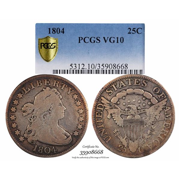 1804 Flowing Hair Quarter Dollar Coin PCGS VG10