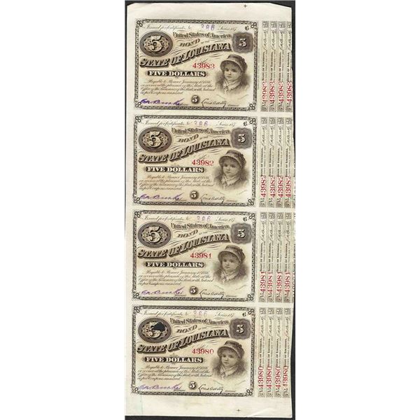 Uncut Sheet of (4) State of Louisiana Baby Bond Obsolete Notes