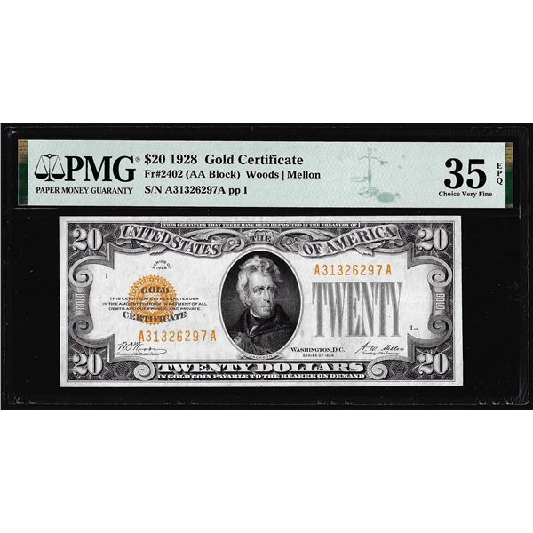 1928 $20 Gold Certificate Note Fr.2402 PMG Choice Very Fine 35EPQ