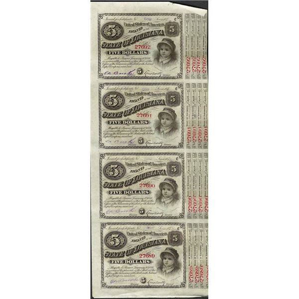 Uncut Sheet of (4) State of Louisiana Baby Bond Obsolete Notes