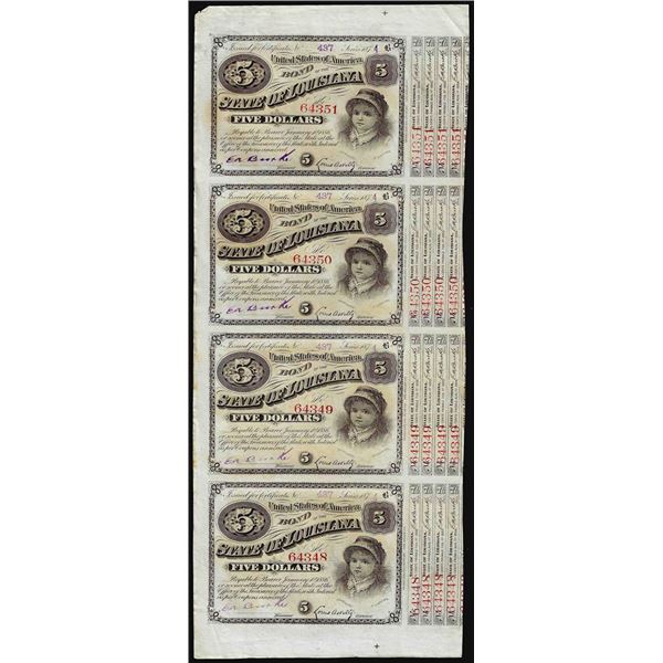 Uncut Sheet of (4) State of Louisiana Baby Bond Obsolete Notes