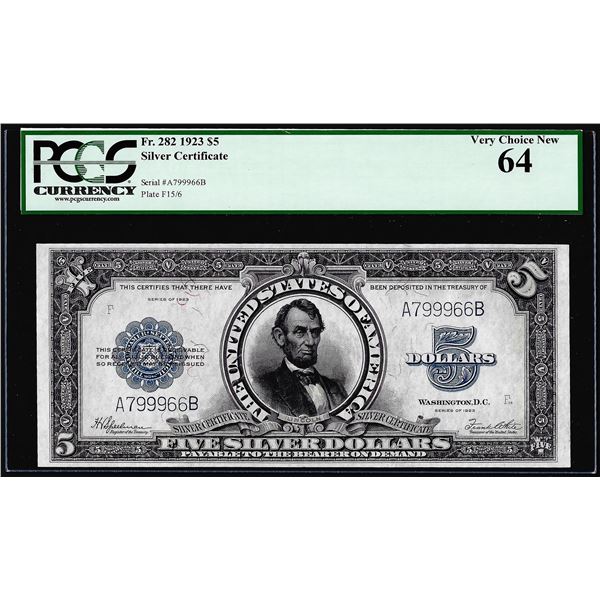 1923 $5 Porthole Silver Certificate Note Fr.282 PCGS Very Choice New 64