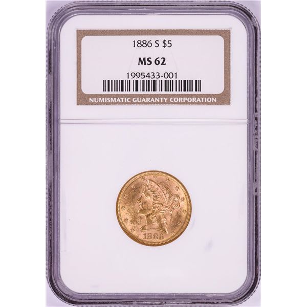 1886-S $5 Liberty Head Half Eagle Gold Coin NGC MS62