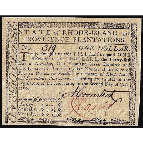July 2, 1780 $1 Rhode Island Colonial Currency Note