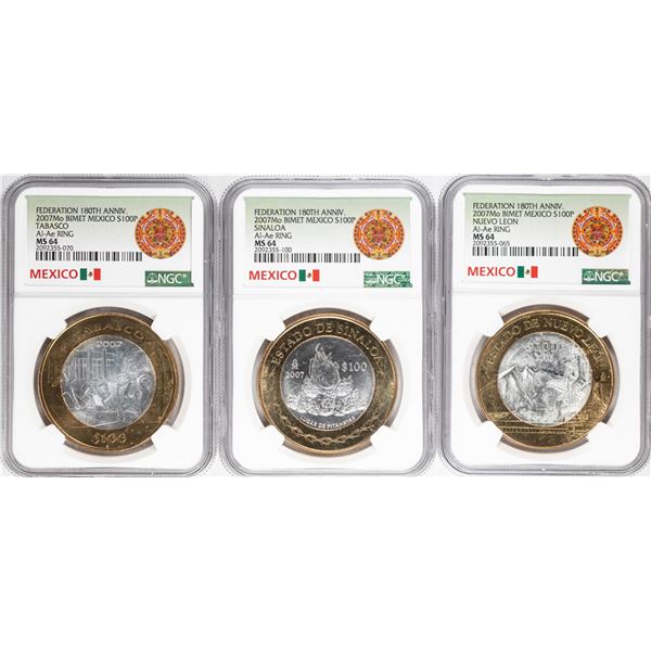 Lot of (3) 2007Mo Mexico 180th Anniversary 100 Pesos Silver Coins NGC MS64