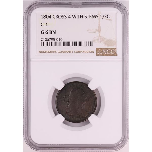 1804 Crosslet 4 Stems C-1 Draped Bust Half Cent Coin NGC G6 BN