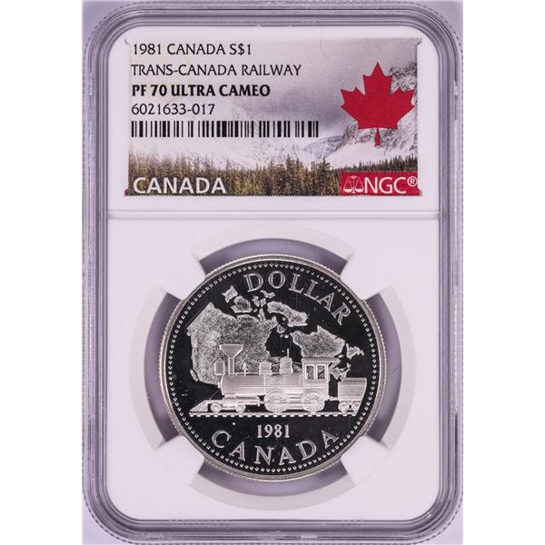 1981 $1 Proof Trans-Canada Railway Silver Dollar Coin NGC PF 70 Ultra Cameo