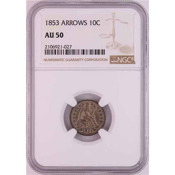 1853 Arrows Seated Liberty Half Dime Coin NGC AU50
