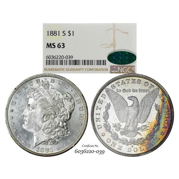 1881-S $1 Morgan Silver Dollar Coin NGC MS63 CAC Amazing Toning