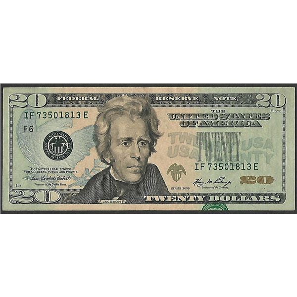 2006 $20 Federal Reserve Note Print Overprint Shift Error