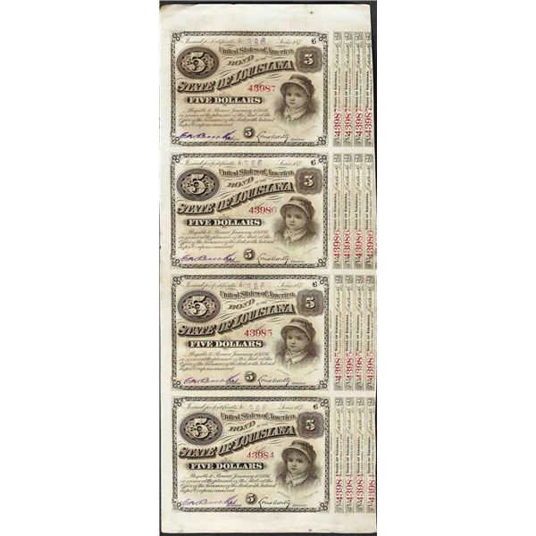 Uncut Sheet of (4) State of Louisiana Baby Bond Obsolete Notes