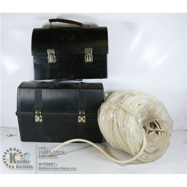2 VINTAGE LUNCH BOXES ( 1 WITH THERMOS ) & ROPE