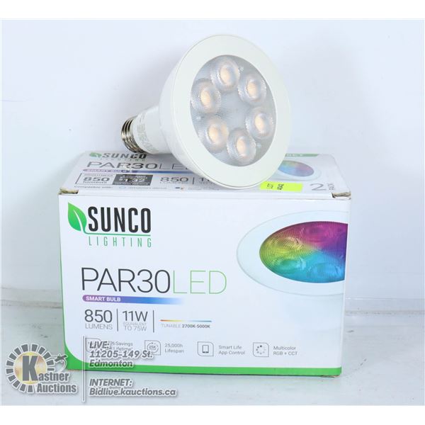 TWO PACK SUNCO LIGHTING PAR30 LED SMART BULB.