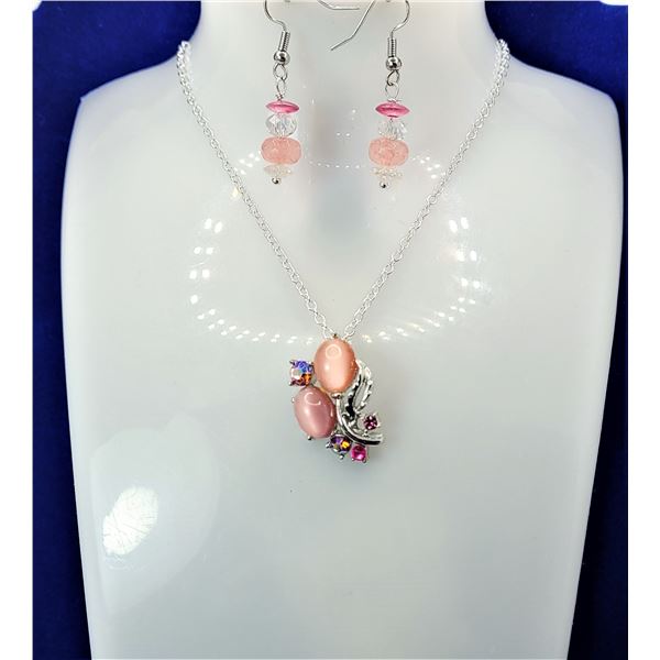 1) SILVER TONE & PINK CAT'S EYE PENDANT ON 18"