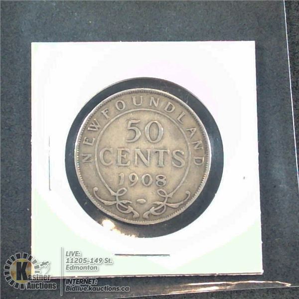 1908 EDWARDIAN NEWFOUNDLAND SILVER 50 CENT