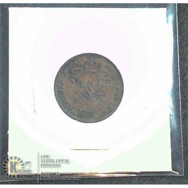 BELGIUM 1905 COPPER 2 CENT COIN