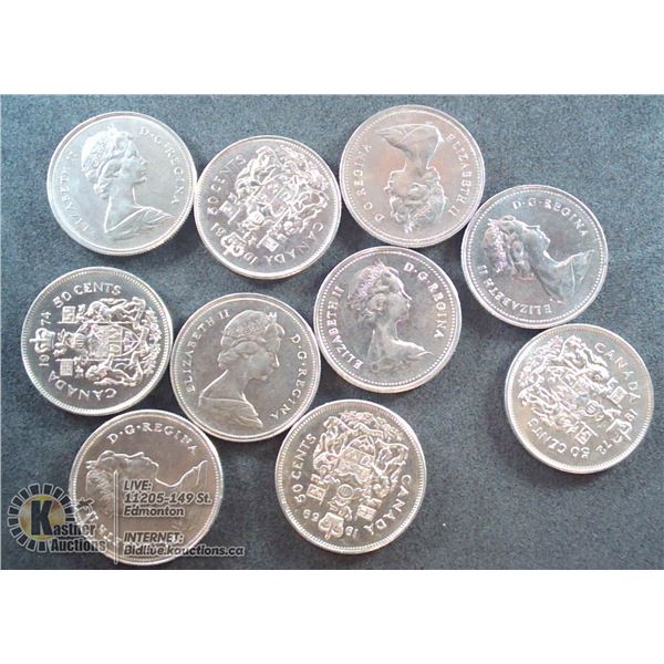 LOT OF 10 MIXED CANADA 50 CENT COINS